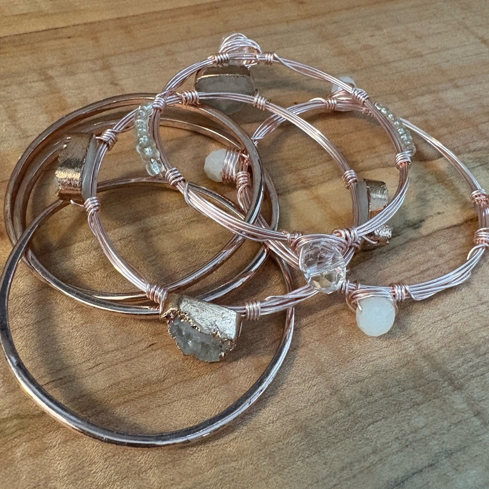 Lot of 6 Elegant Rose Gold Wire Wrapped and Plain Bangle Bracelets